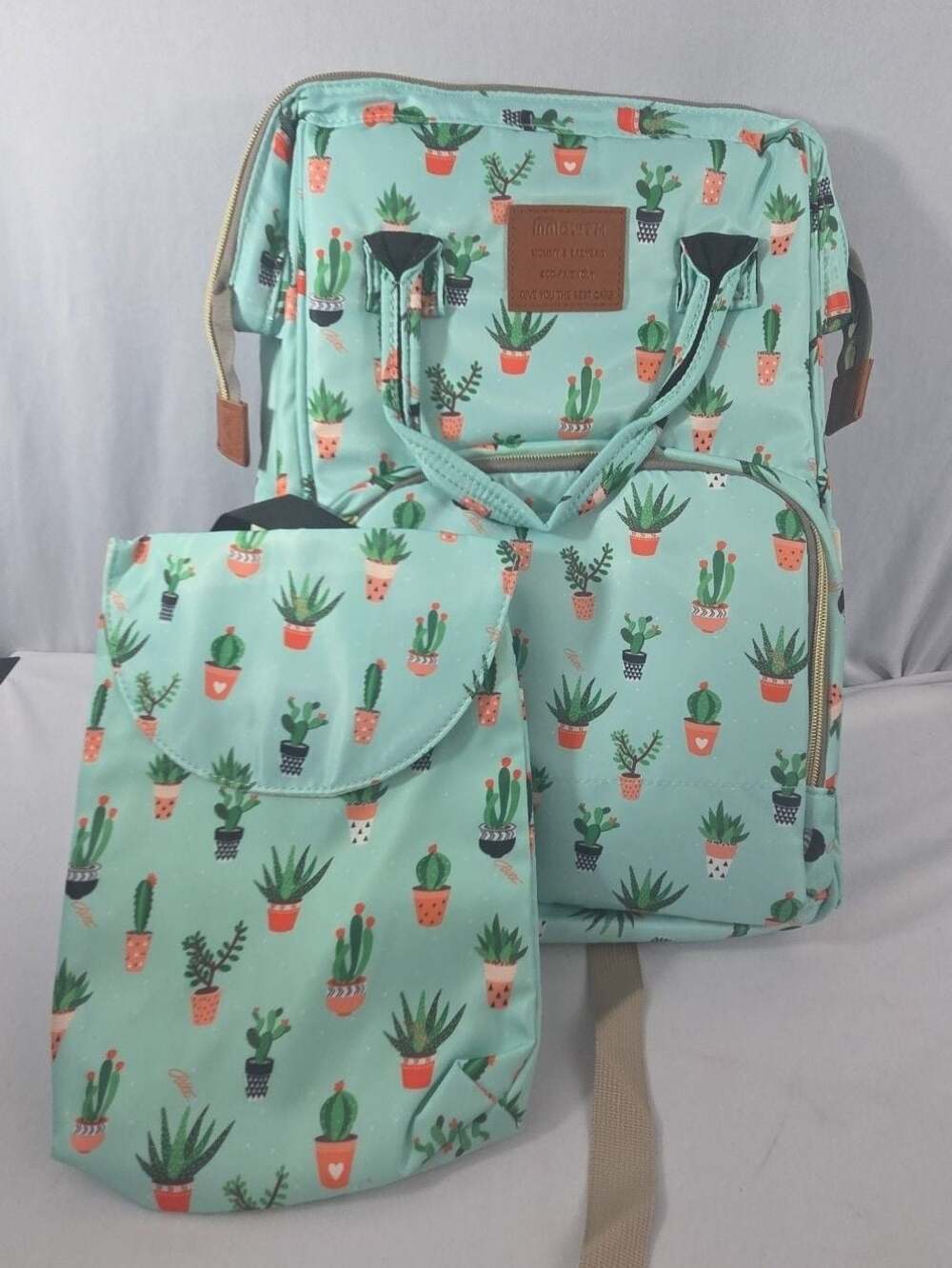 Mewth Cactus Print Diaper Bag Backpack with Matching Nappy Pouch
